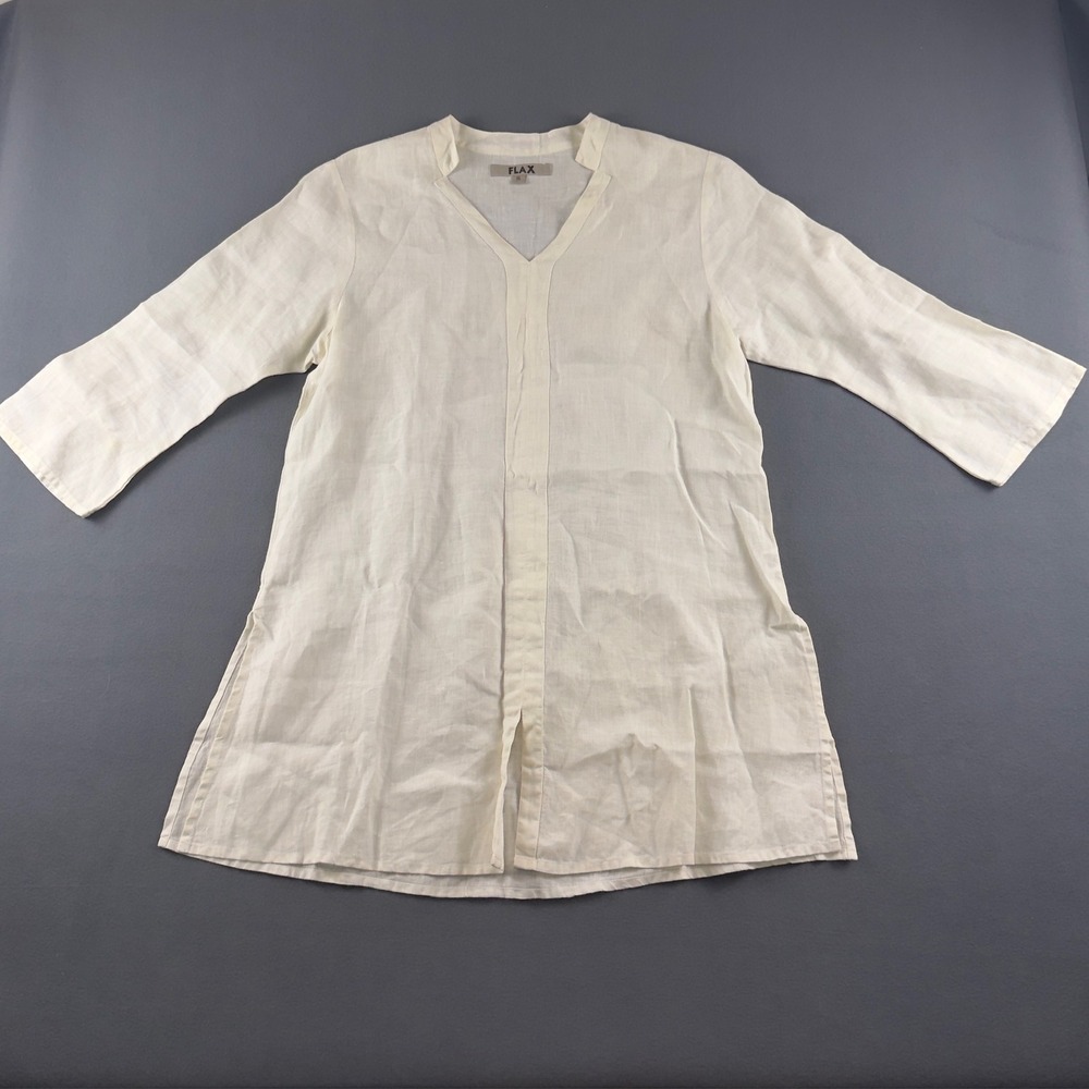 FLAX Women Cream 100% Linen Split V-Neck Tunic Top Lithuania Sz S